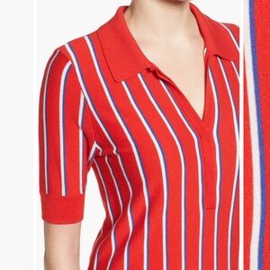 Halogen Red Polo Top with Blue & White Stripes